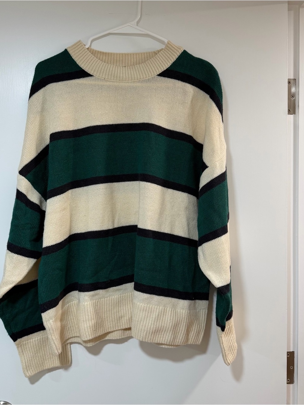 H&M Cream, Dark Green and Black Striped Crewneck Sweater